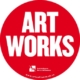 Red circle with white text that reads "Art Works" the Saskatchewan Arts Alliance logo at the bottom of circle.