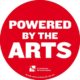Red circle with white text that reads "Powered by the arts" the Saskatchewan Arts Alliance logo at the bottom of circle.