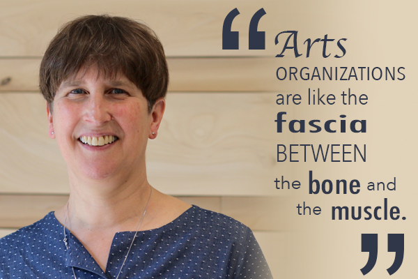 Kathryn Ricketts President of the Saskatchewan Arts Alliance and Assistant Professor in Arts Education at the University of Regina. Her quote reads "arts organizations are like the fascia between the bone and the muscle."