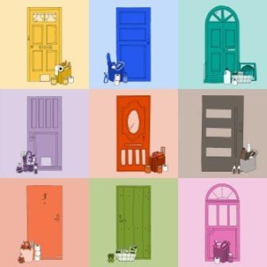 nine colourful squares with drawings of different front doors in each. Outside of each door is a care package of groceries and other items.