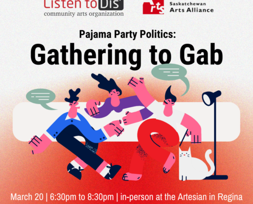 A group of illustrated people sitting in a circle with speech bubbles over their heads. Promoting event "Gathering to Gab"