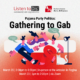 A group of illustrated people sitting in a circle with speech bubbles over their heads. Promoting event "Gathering to Gab"