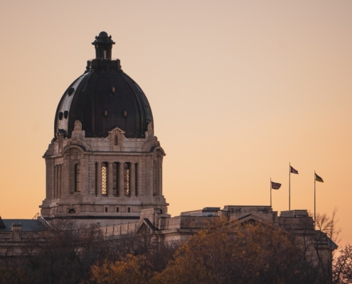 The top half of the Saskatchewan Legislative building at dusk