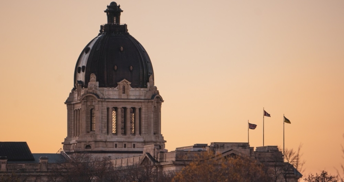 The top half of the Saskatchewan Legislative building at dusk