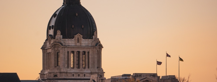 The top half of the Saskatchewan Legislative building at dusk