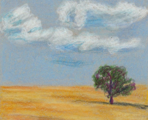 coloured drawing by Marsha Schuld of a golden prairie field with a tree in the background with a blue clouded sky