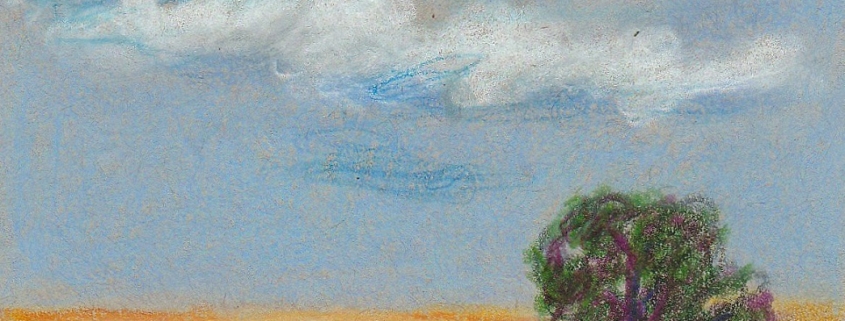 coloured drawing by Marsha Schuld of a golden prairie field with a tree in the background with a blue clouded sky