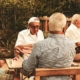 Senior men sitting around an outdoor table in a collective activity.