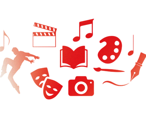 Red arts icons on a white background from a silouette of a dance, theatre masks, musical notes, pen and paintbrush, cameral, and a book