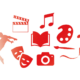 Red arts icons on a white background from a silouette of a dance, theatre masks, musical notes, pen and paintbrush, cameral, and a book