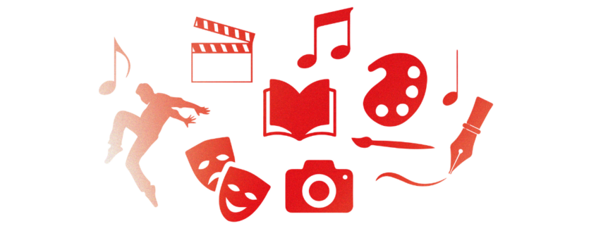 Red arts icons on a white background from a silouette of a dance, theatre masks, musical notes, pen and paintbrush, cameral, and a book