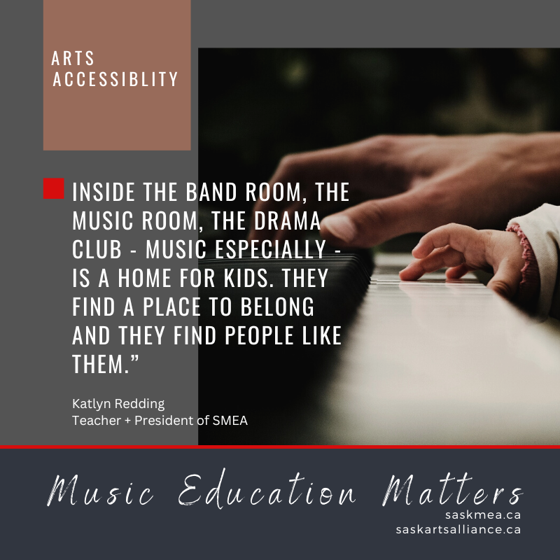 A piano with a larger adult hand in the background and a small child's hand in the forefront. It reads music education matters.