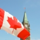 Parliament building in Ottawa with Canadian flag waving in the forefront.