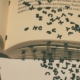 On open book with black text letters falling out of the pages.