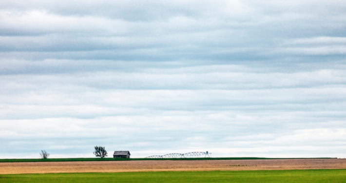large blue prairie sky with yellow land with a small house in the background.