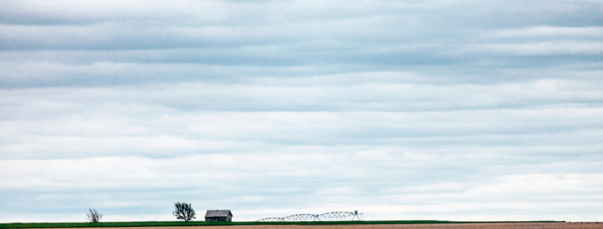 large blue prairie sky with yellow land with a small house in the background.