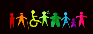 On a black background, 8 silhouette figures in multiple colours arranged in a rainbow. Each representing a form of disability.