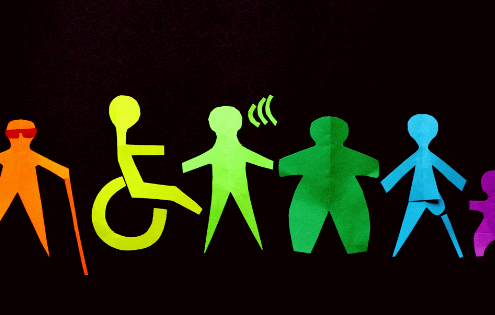 On a black background, 8 silhouette figures in multiple colours arranged in a rainbow. Each representing a form of disability.