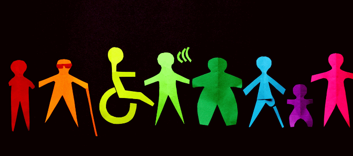 On a black background, 8 silhouette figures in multiple colours arranged in a rainbow. Each representing a form of disability.