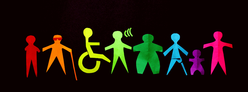 On a black background, 8 silhouette figures in multiple colours arranged in a rainbow. Each representing a form of disability.