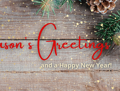 Season's Greetings written in red text with green pine cones in the background