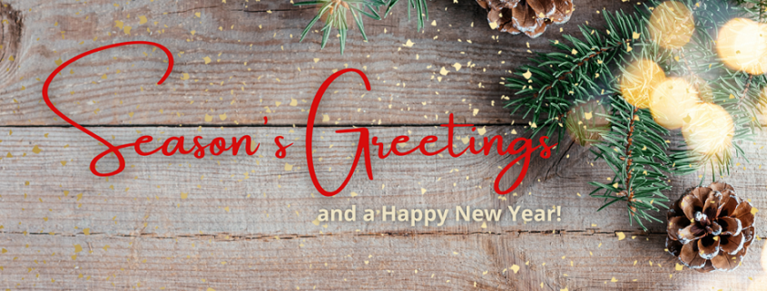 Season's Greetings written in red text with green pine cones in the background