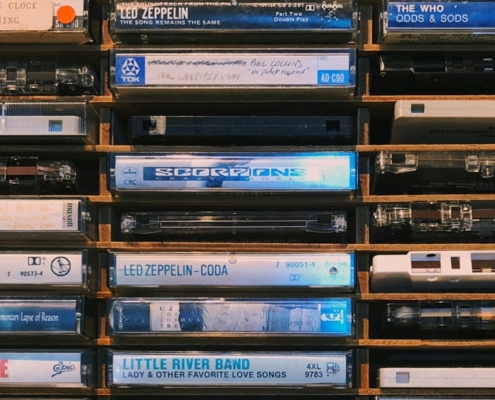 cassette tapes in a shelf