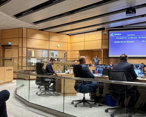 A view of Regina City Council Chambers from the gallery, looking towards council and Oz Weaver, Globe Theatre CEO, presenting at Regina City Council.