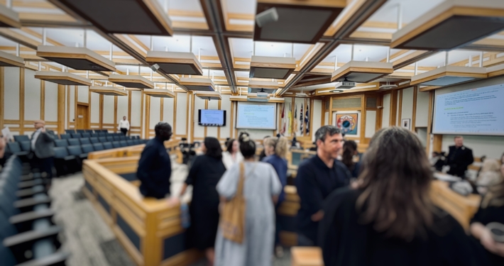 People gather in the Saskatoon City Council Chambers following the August 12, 2026, Governance and Priorities Committee meeting on the City’s Public Art Policy.