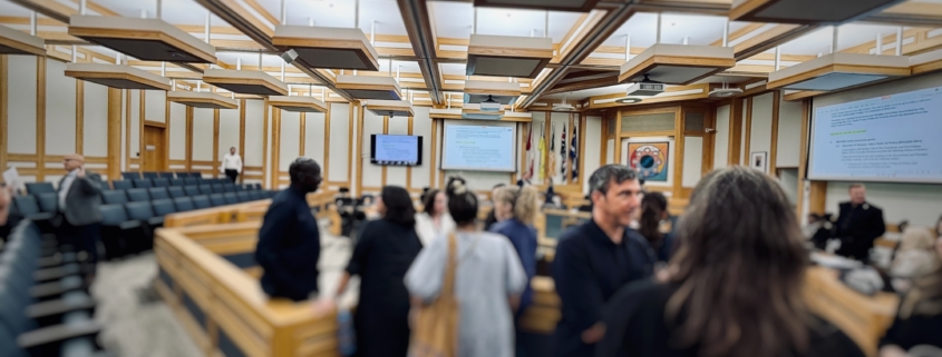 People gather in the Saskatoon City Council Chambers following the August 12, 2026, Governance and Priorities Committee meeting on the City’s Public Art Policy.
