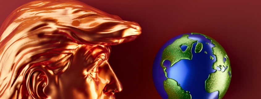 A golden side profile of Donald Trump staring at a globe.