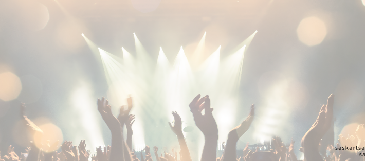 A crowd of concert goers with their arms in the air. In front of a brightly lit stage - too bright to see what is on the stage